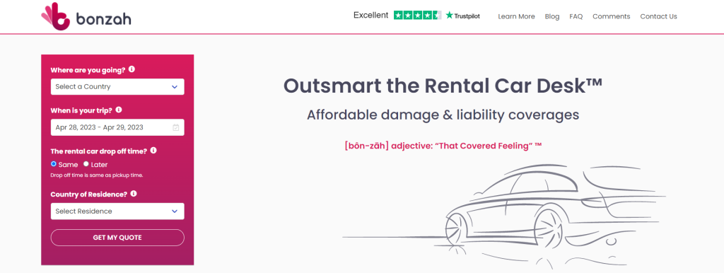 The home page of Bonzah Car Insurance.