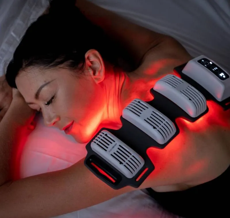 A woman using FlexBeam to reduce upper back pain.