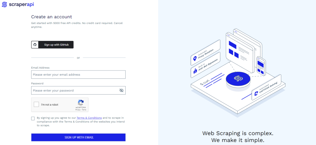 A visual representation of the sign-up page of Scraper API, just to give the customers an idea on how to start their web scraping experience with Scraper API.