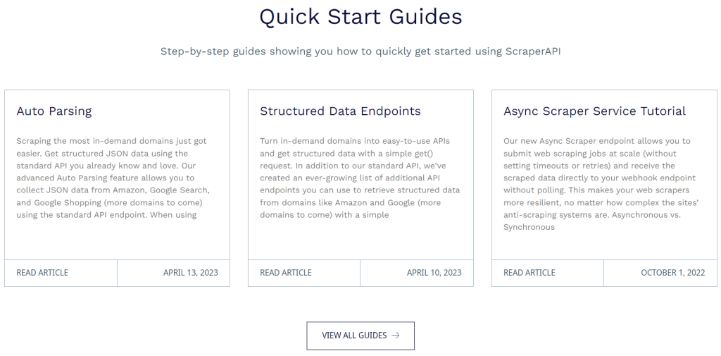 A visual representation of the quick start guides included in the API documentation of Scraper API, just to give customers an idea on what to expect when they access the API documentation of Scraper API.