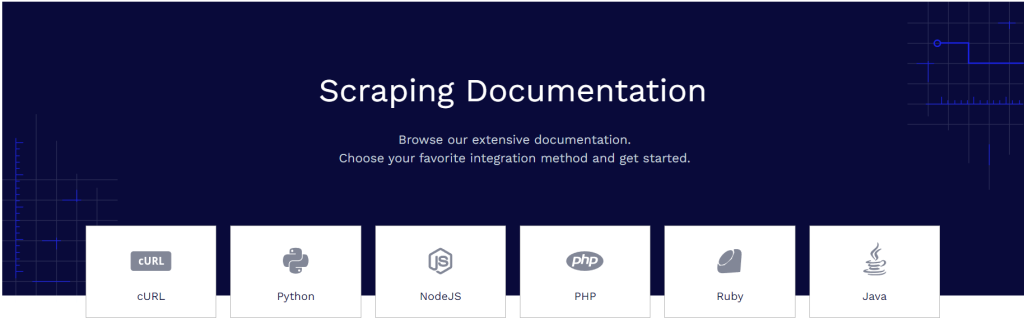 A visual representation on different programming language tools that can be used by customers to integrate Scraper API to their existing web scraping workflows.