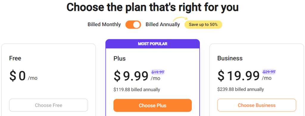 A screenshot to visualize the three (3) subscription plans of FlexClip.