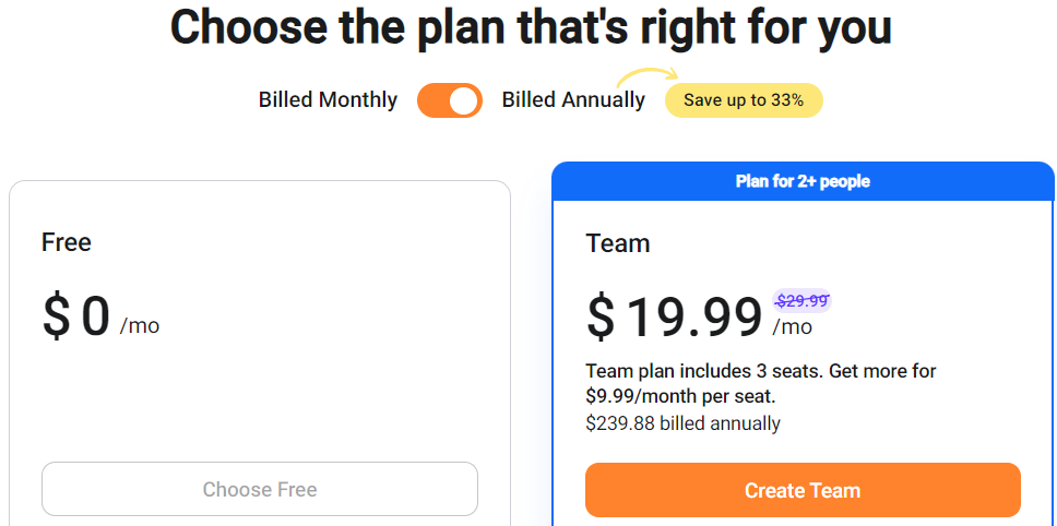 A screenshot to visualize the Team Plan, as one of the options for customers in FlexClip. The Free Plan is still included as comparison to the Team Plan, in terms of subscription rate. 