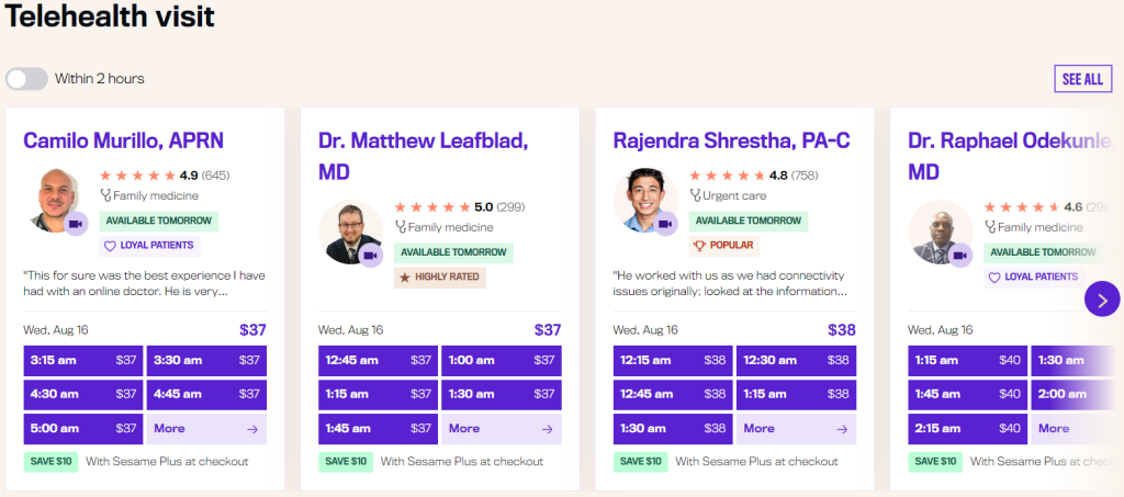 This is a screenshot from Sesame Care website, as visual representation of the transparent pricing of some health professionals for telemedicine visit.