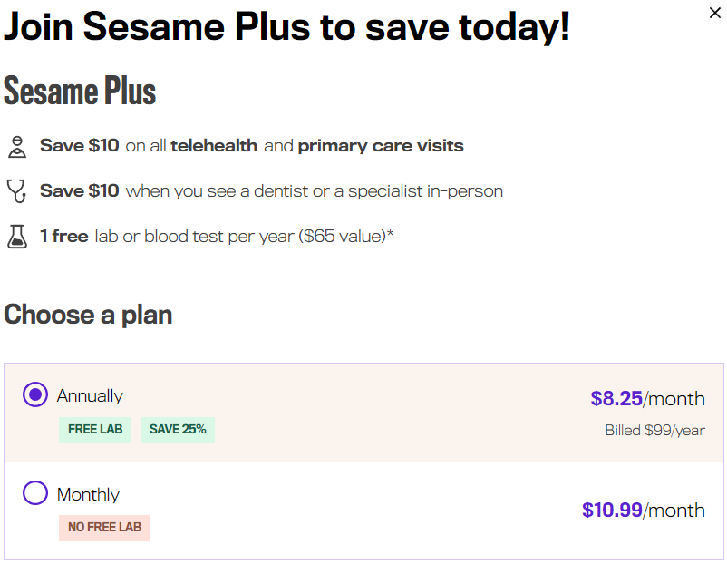This is a screenshot from Sesame Care website, as visual representation of the two (2) subscription payments for Sesame Care - monthly or annual. It shows that annual payments give you added perks such as free selected laboratory tests and 25% extra savings.