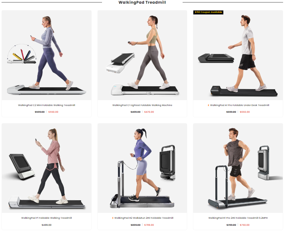 A screenshot showing some of the foldable treadmill models of the WalkingPad. Each model is being demonstrated by a person, presumably a fitness enthusiast, wearing fitness attires.