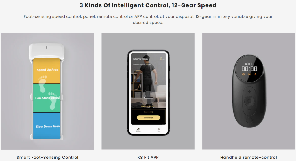 A screenshot showing the three kinds of intelligent control by the WalkingPad: smart foot-sensing control, KS Fit app, and handheld remote-control. Smart foot-sensing control shows three speed zones of a WalkingPad: speedup area at the upper part, constant speed area at the middle part, and slow down area at the bottom part. The KS Fit app control can be downloaded at any smartphone through Google Play or Apple stores. Lastly, a handheld remote-control is an oval-shaped device which has an intuitive buttons that can be easily operated by anyone.