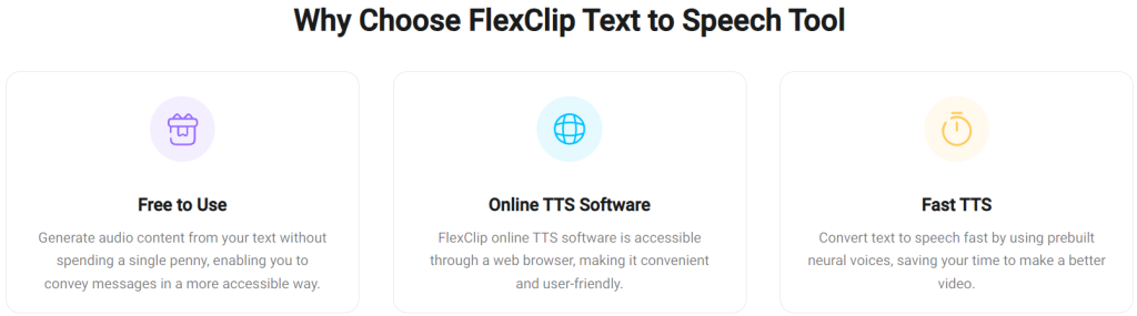 A screenshot showing three (3) reasons why customers choose FlexClip Text-to-Speech Tool.