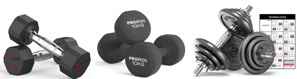 A screen capture of the three kinds of dumbbells being offered by PROIRON. All the dumbbells shown are black in color, and has metallic handle except for the neoprene ones.