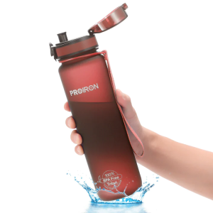 A screen capture of a red sports water bottle offered by PROIRON.