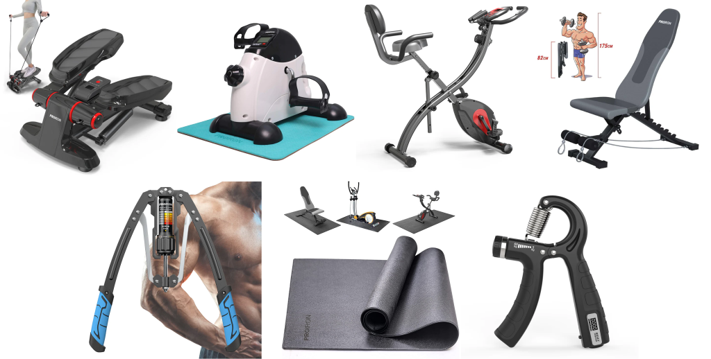 A screen capture of the various machine equipment being offered by PROIRON (from upper left to lower right): mini hydraulic stepper, mini bike-pedal exerciser, indoor stationary folding bike, fitness foldable workout bench, twister arm exerciser, hand gripper, and floor protection mat.