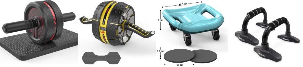 A screen capture of the core, abdominal, and chest collections of PROIRON (from left to right): ultra-wide ab roller wheel (black body with red random outlines), automatic rebound ab wheel (black body with yellow portions), ab roller with 360° wheels rotation (light blue body with black wheels), push up bar stands with non-slip foam grip (black in color).