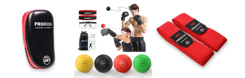 A screen capture of the boxing and martial arts collection of PROIRON (from left to right): Thai and MMA kick pads (black body with red outline on sides), boxing reflex ball (comes in four colors: yellow, black, red, and green), and boxing hand wraps and bandages (red in color with PROIRON label on edges).