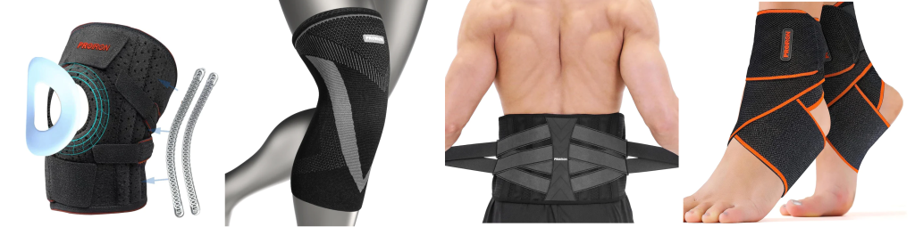 A screen capture of the support, health and protection collection of PROIRON (from left to right): knee support (black in color with side stabilizers shown beside the knee support), lower back belt (black in color), and ankle support brace with wrap strap (black in color with orange outline at sides).