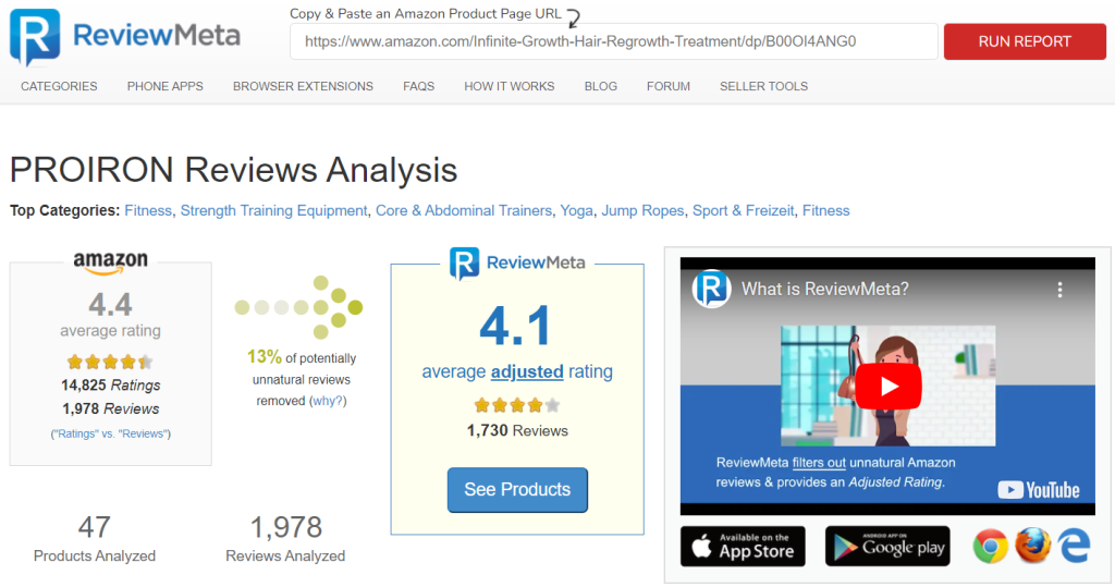 A screen capture of PROIRON review from ReviewMeta website, where the final adjusted rating is 4.1 out of 5, based on 1,730 reviews. This was analyzed from 1,978 reviews from the Amazon website.