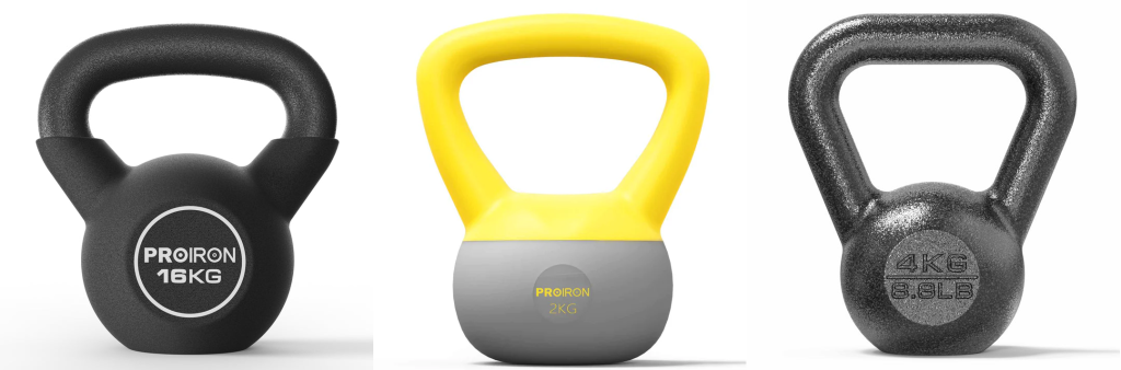 A screen capture of three kettlebells from PROIRON. All the dumbbells shown have black handle and body, except for the middle one which has yellow handle and grey body.