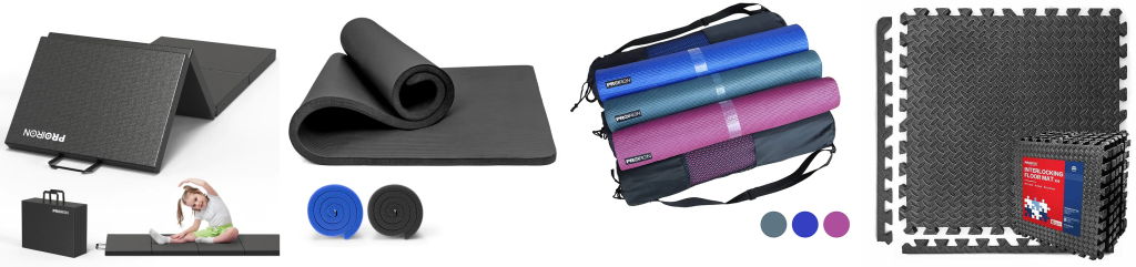 A screen capture of the different equipment under the "yoga mat" category being offered by PROIRON (from left to right): folding exercise mat (black in color), Pilates foam mat (black in color), standard yoga mat (in three colors: blue, dark green, and  purple), and interlocking exercise mat (black in color).