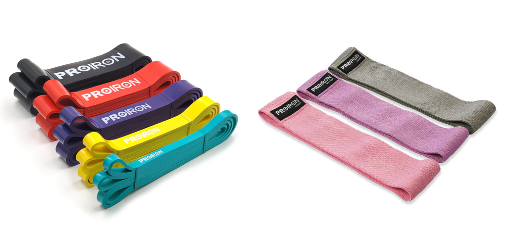 A screen capture for the two resistance band products of PROIRON: the assisted pull-up bands (comes in five colors based on resistance level from highest to lowest: black, red, purple, yellow, and green), and fabric resistance band (comes in three colors: pink, purple, and grey).