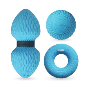 A screen capture of the 3 in 1 massage ball set of PROIRON, which includes massage, lacrosse, and peanut balls. The massage ball set shown in the screen capture is blue in color, although it is also available in grey and pink colors.
